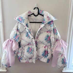 Floral Puffer Jacket with Pink Bow Ribbon Details